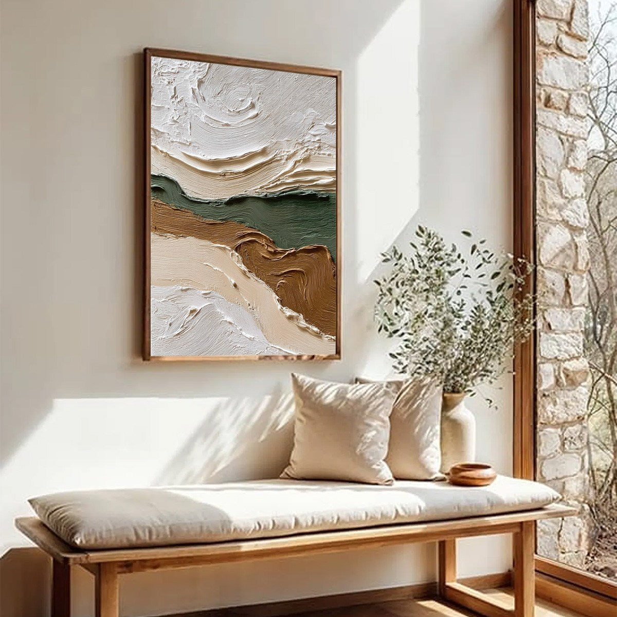 Verdant Ridge hand-painted olive green and ivory textured coastal landscape painting rolled canvas option