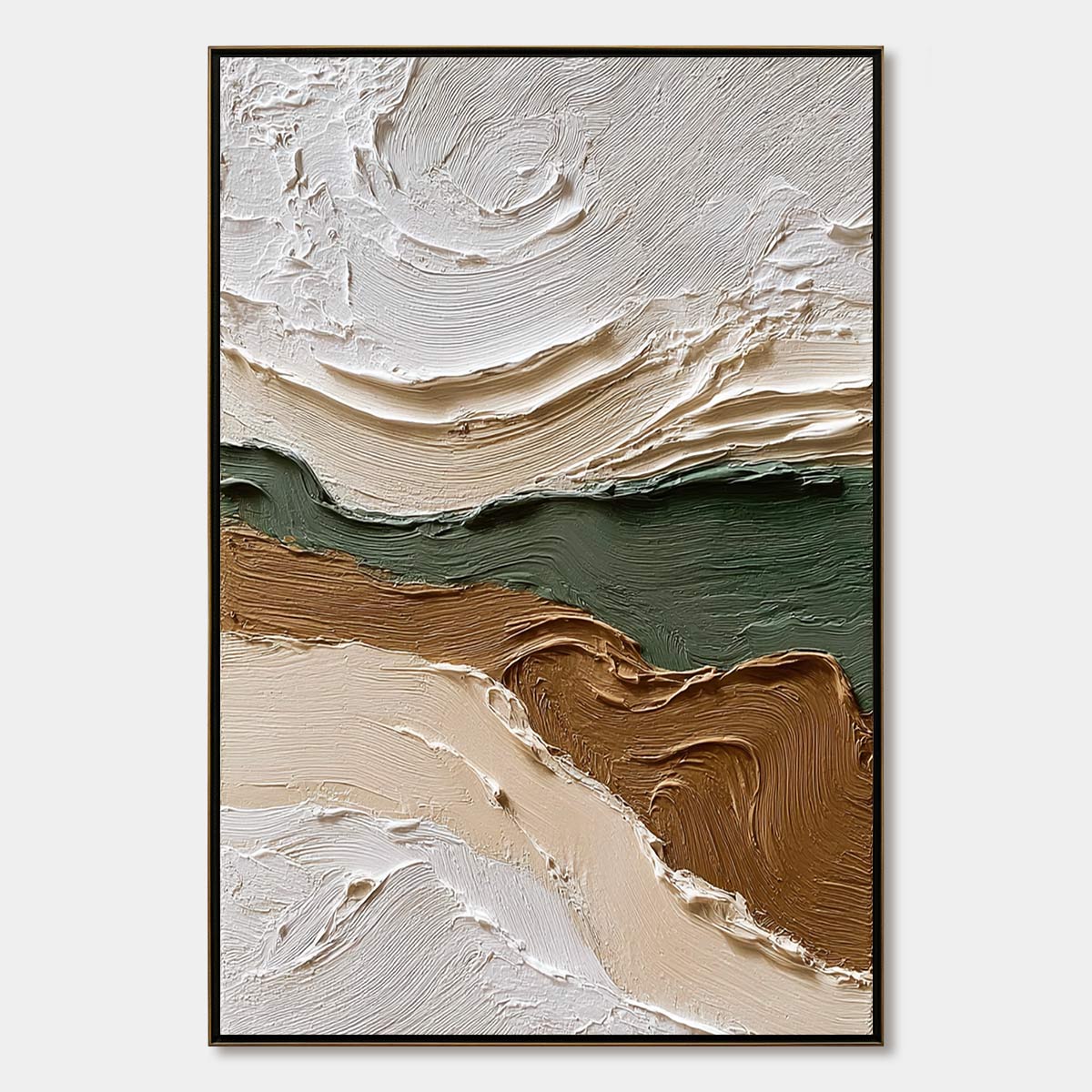 Verdant Ridge hand-painted olive green and ivory textured coastal landscape painting rolled canvas option