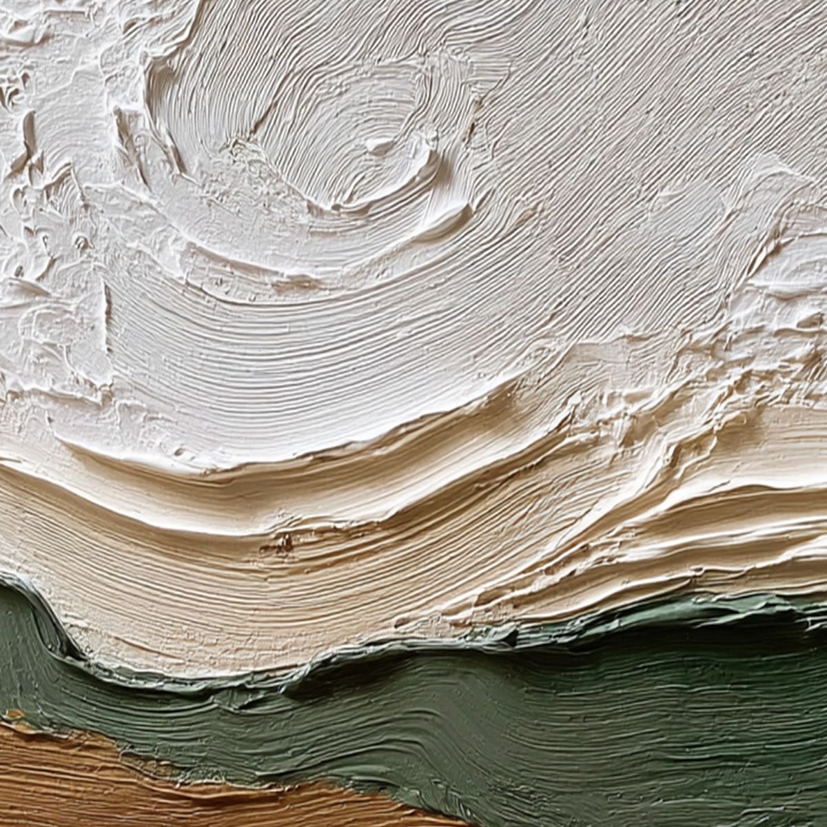 Verdant Ridge hand-painted olive green and ivory textured coastal landscape painting shown with gold frame