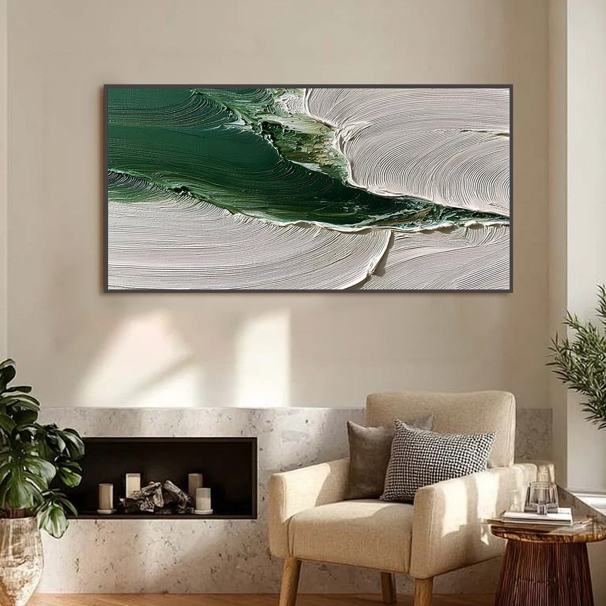 Verdant Rift hand-painted white and emerald green textured coastal landscape painting shown as stretched canvas