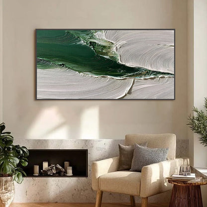 Verdant Rift hand-painted white and emerald green textured coastal landscape painting shown as stretched canvas
