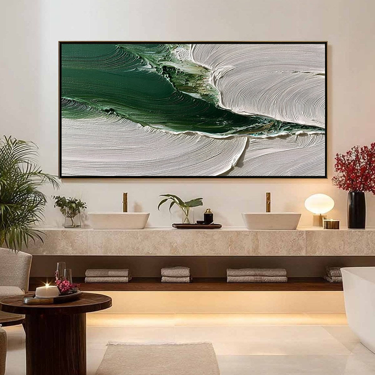 Verdant Rift hand-painted white and emerald green textured coastal landscape painting shown with silver frame