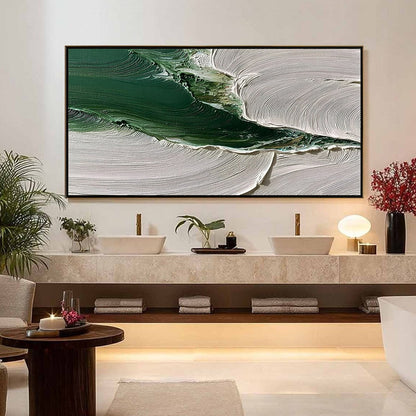 Verdant Rift hand-painted white and emerald green textured coastal landscape painting shown with silver frame