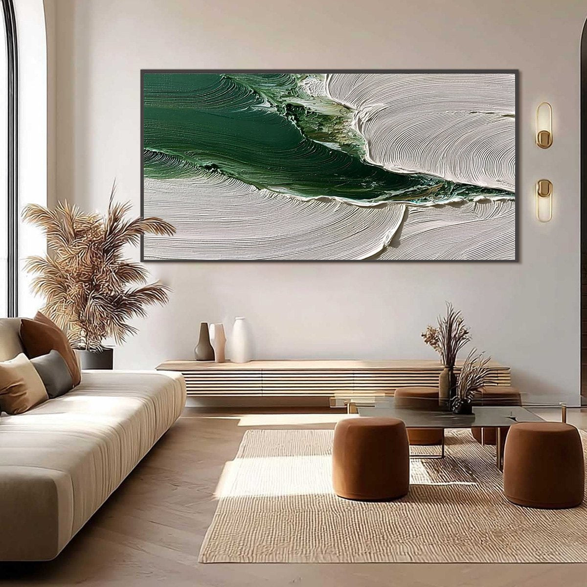 Verdant Rift hand-painted white and emerald green textured coastal landscape painting shown with black frame