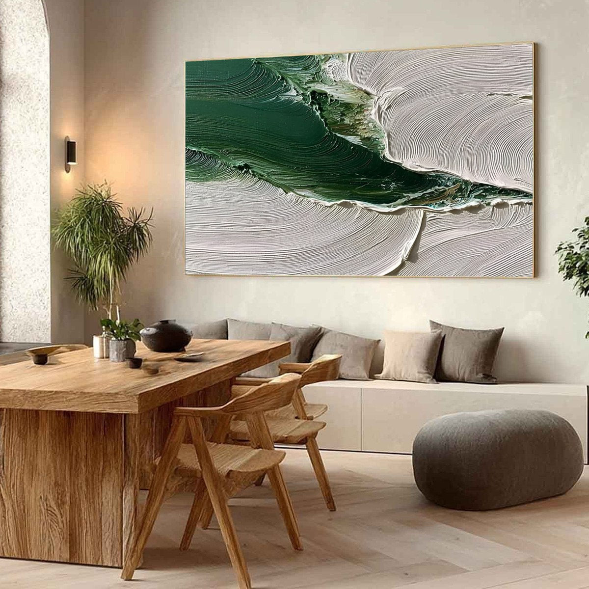 Verdant Rift hand-painted white and emerald green textured coastal landscape painting shown with wood frame