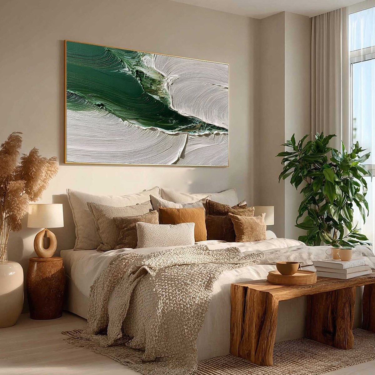 Verdant Rift hand-painted white and emerald green textured coastal landscape painting rolled canvas option