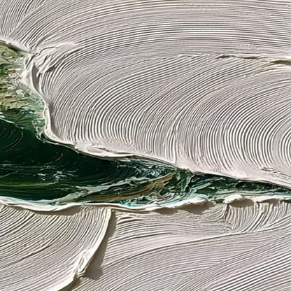 Verdant Rift hand-painted white and emerald green textured coastal landscape painting shown with gold frame