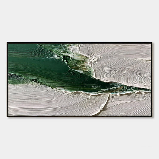 Verdant Rift hand-painted white and emerald green textured coastal landscape painting rolled canvas option