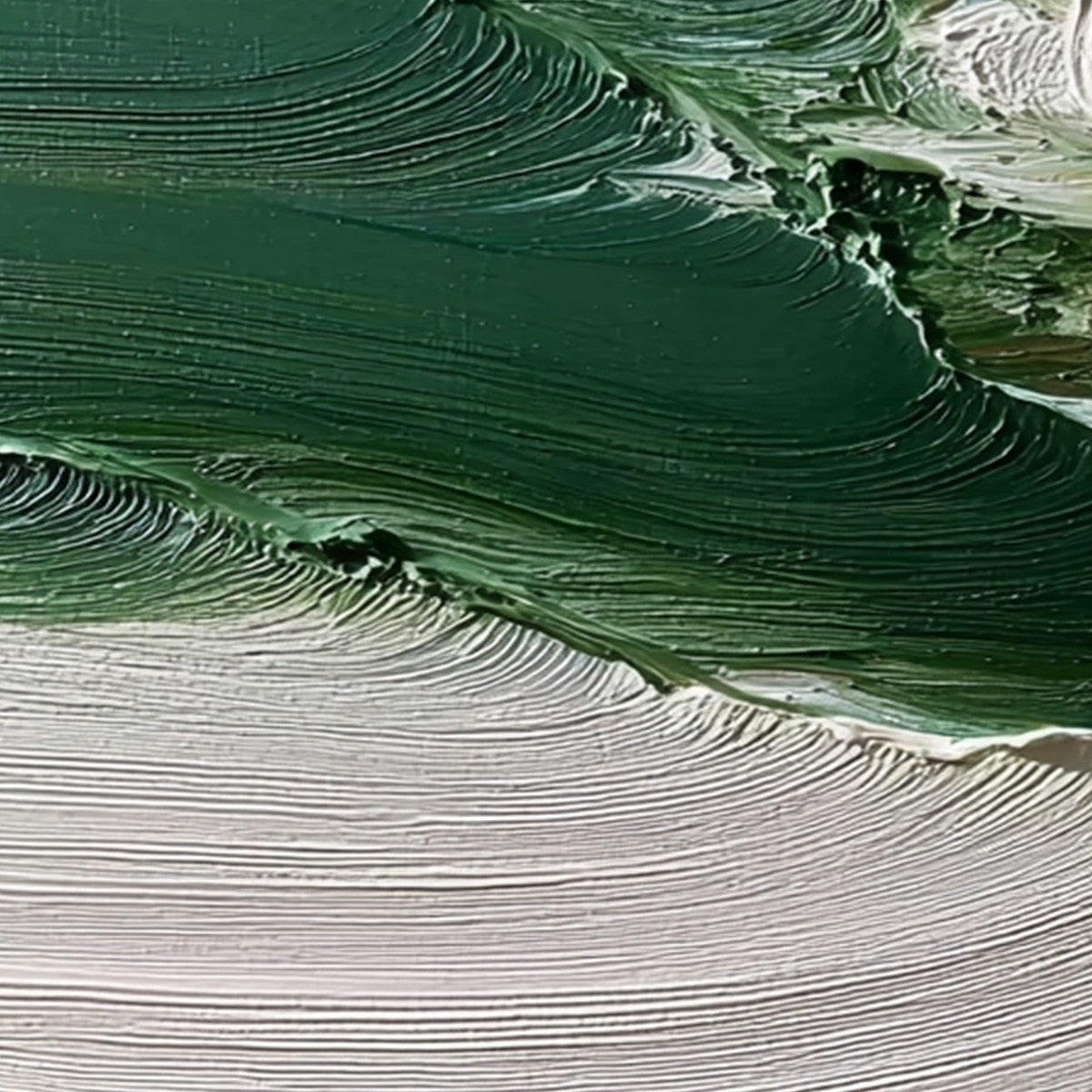 Verdant Rift hand-painted white and emerald green textured coastal landscape painting shown with white frame