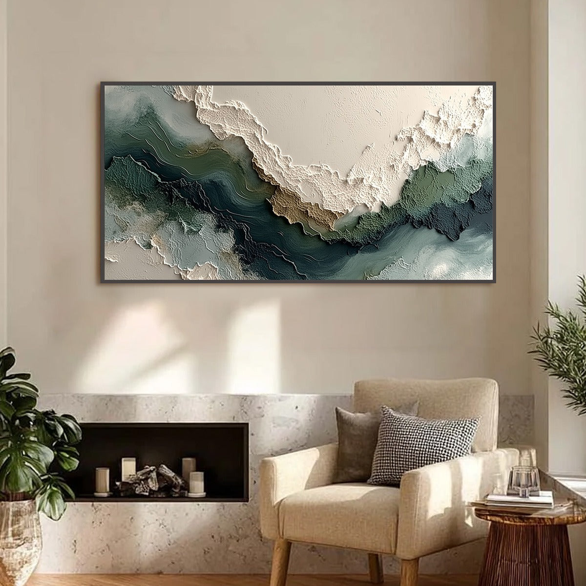 Verdant Rift hand-painted ocean blue, ivory and soft neutral tones textured coastal landscape painting shown as stretched canvas