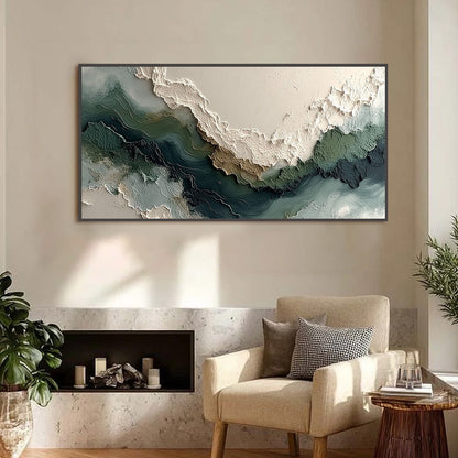 Verdant Rift hand-painted ocean blue, ivory and soft neutral tones textured coastal landscape painting shown as stretched canvas