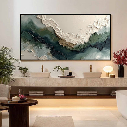 Verdant Rift hand-painted ocean blue, ivory and soft neutral tones textured coastal landscape painting shown with silver frame