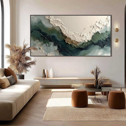 Verdant Rift hand-painted ocean blue, ivory and soft neutral tones textured coastal landscape painting shown with black frame