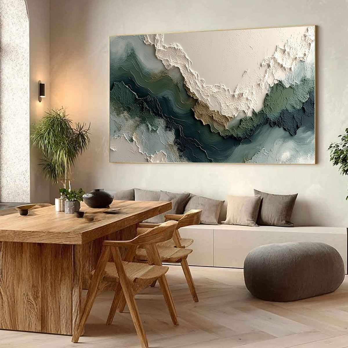 Verdant Rift hand-painted ocean blue, ivory and soft neutral tones textured coastal landscape painting shown with wood frame