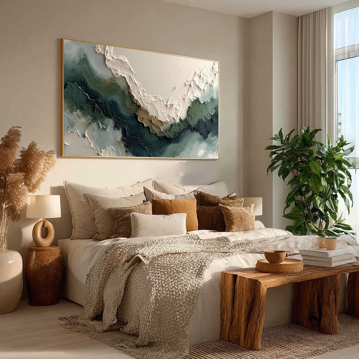 Verdant Rift hand-painted ocean blue, ivory and soft neutral tones textured coastal landscape painting rolled canvas option