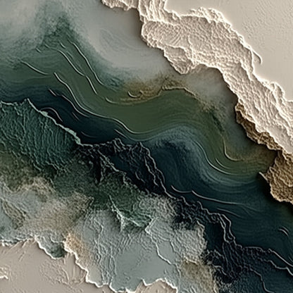 Verdant Rift hand-painted ocean blue, ivory and soft neutral tones textured coastal landscape painting shown with gold frame