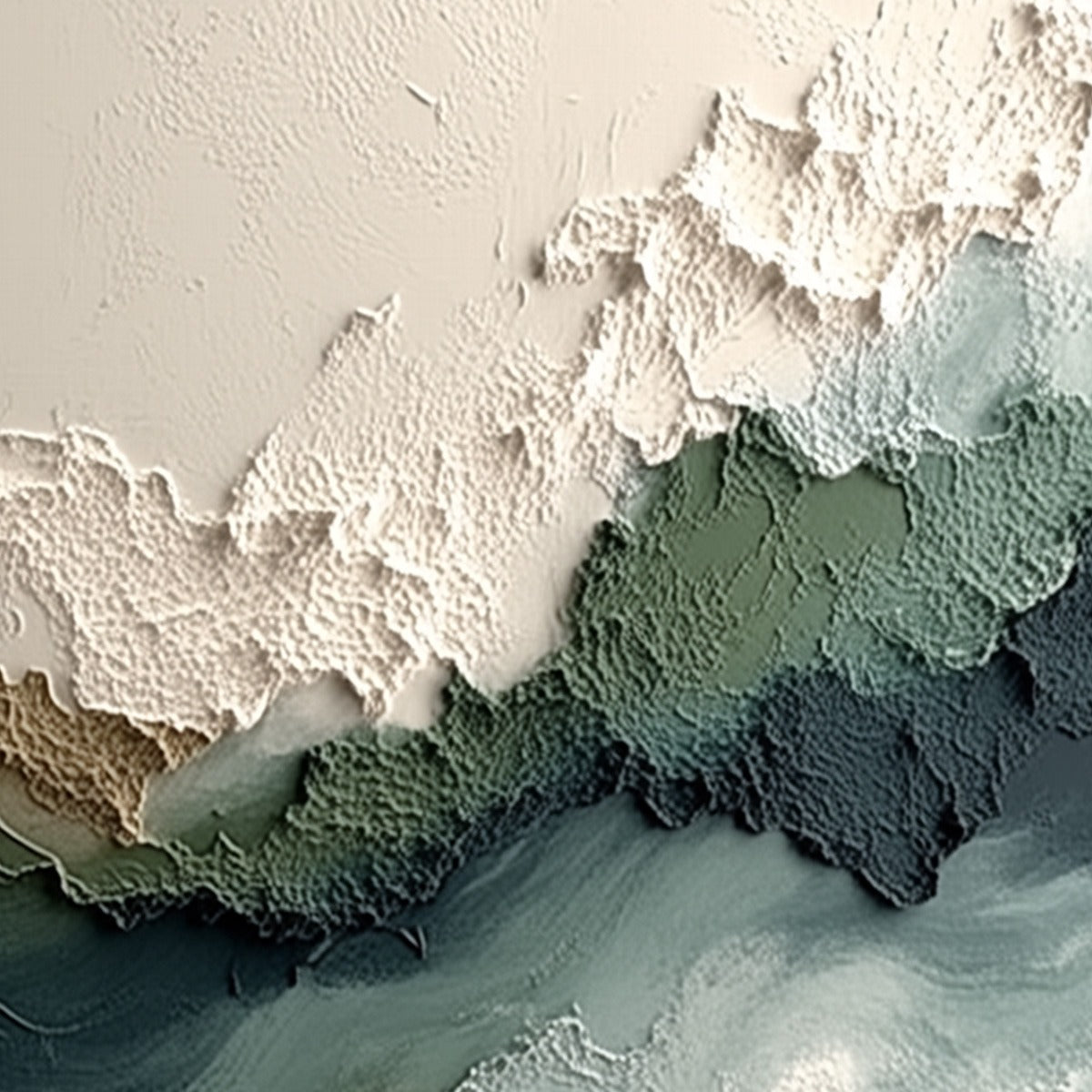 Verdant Rift hand-painted ocean blue, ivory and soft neutral tones textured coastal landscape painting shown with white frame