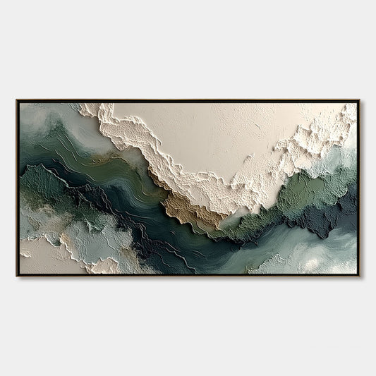 Verdant Rift hand-painted ocean blue, ivory and soft neutral tones textured coastal landscape painting rolled canvas option