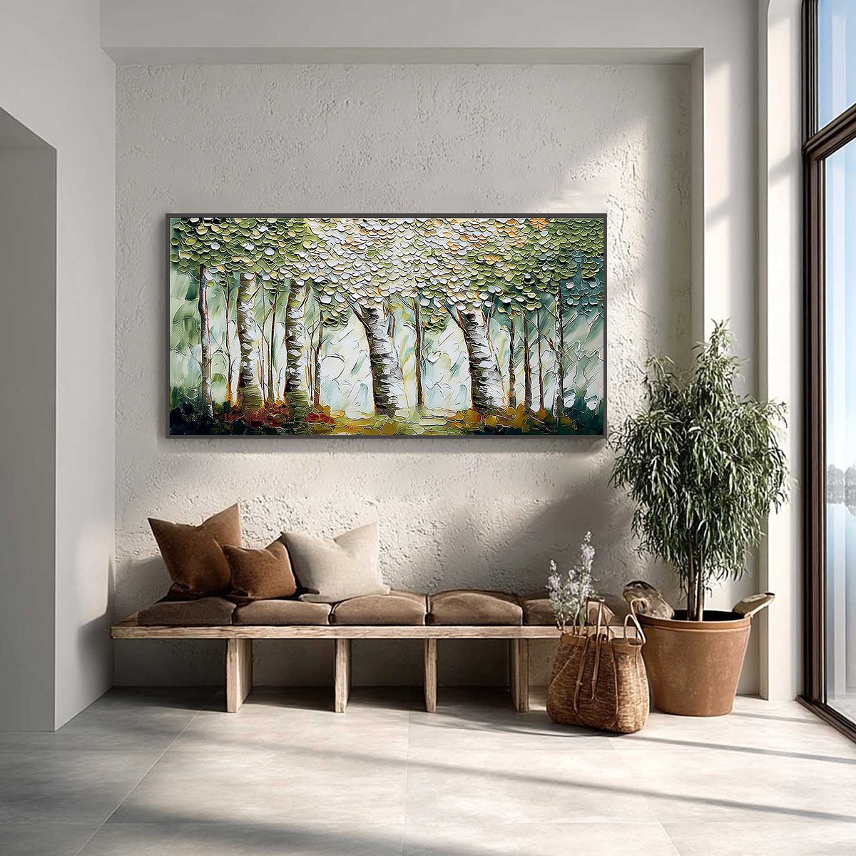 Verdant Sanctuary hand-painted white and soft beige textured forest landscape painting shown as stretched canvas