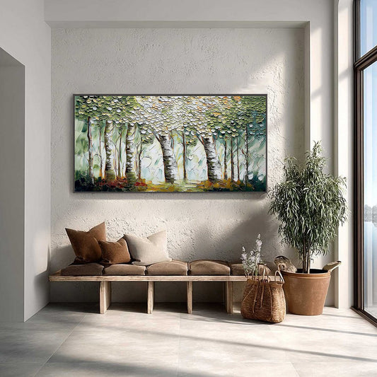 Verdant Sanctuary hand-painted white and soft beige textured forest landscape painting shown as stretched canvas