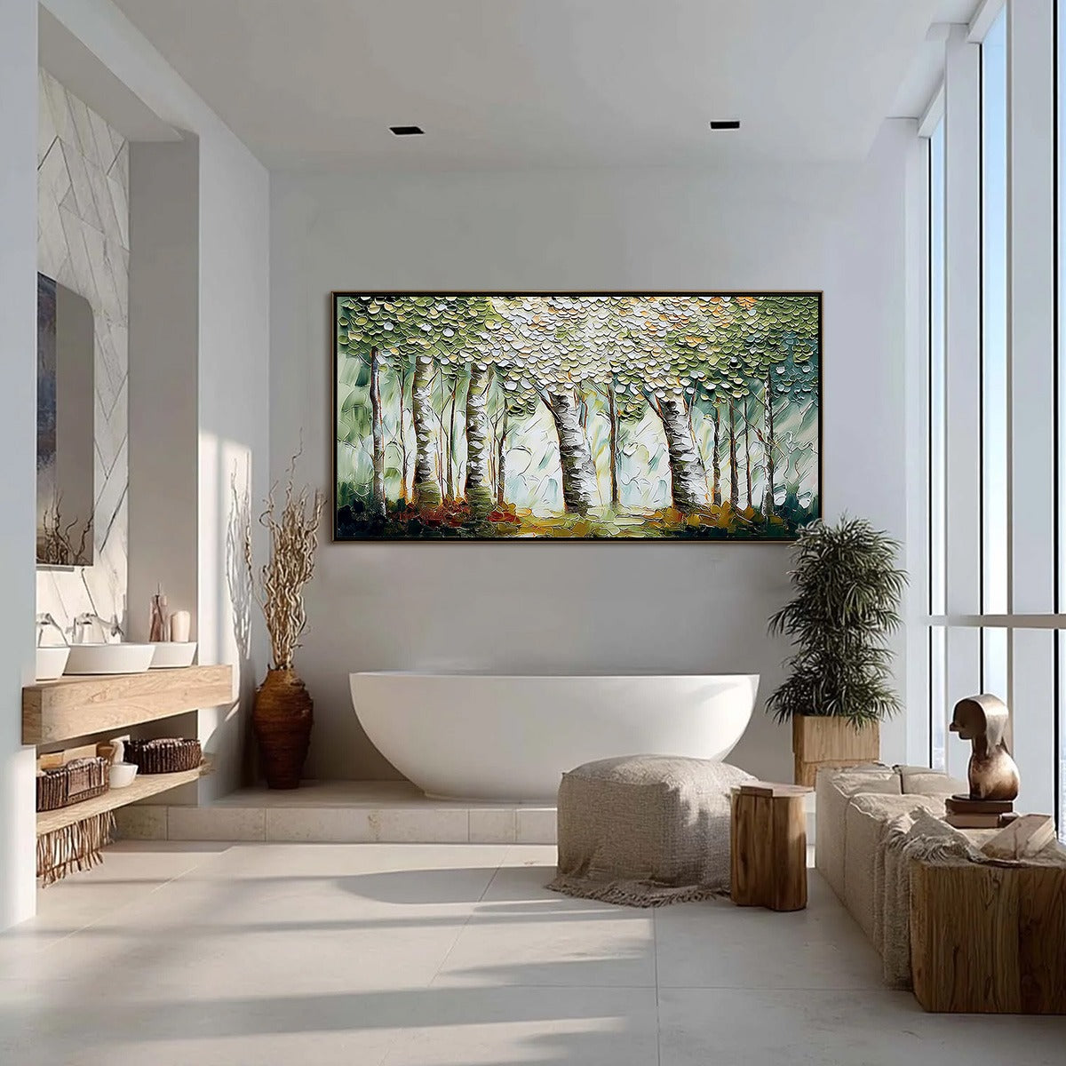 Verdant Sanctuary hand-painted white and soft beige textured forest landscape painting shown with silver frame
