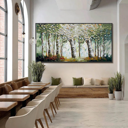 Verdant Sanctuary hand-painted white and soft beige textured forest landscape painting shown with black frame