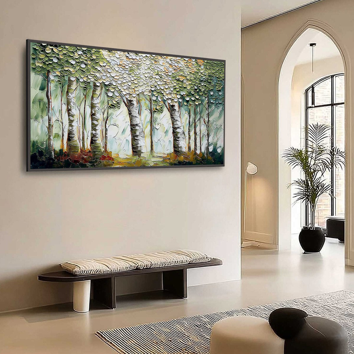 Verdant Sanctuary hand-painted white and soft beige textured forest landscape painting shown with wood frame