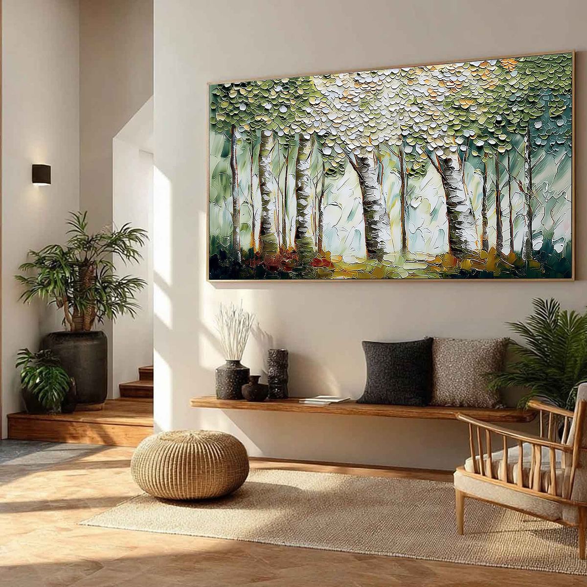 Verdant Sanctuary hand-painted white and soft beige textured forest landscape painting rolled canvas option