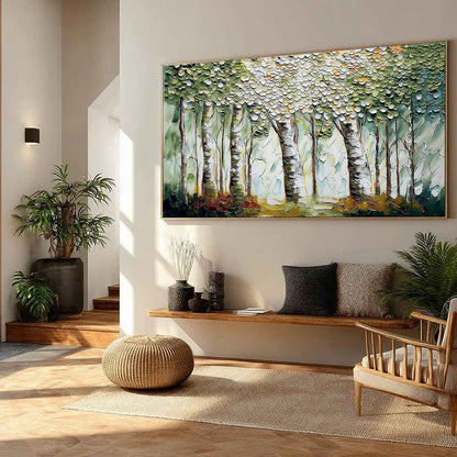 Verdant Sanctuary hand-painted white and soft beige textured forest landscape painting rolled canvas option