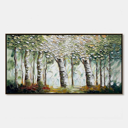 Verdant Sanctuary hand-painted white and soft beige textured forest landscape painting rolled canvas option