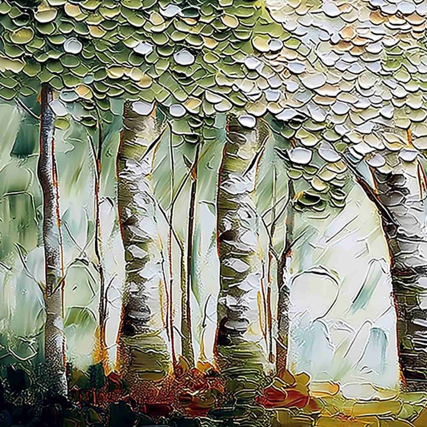 Verdant Sanctuary hand-painted white and soft beige textured forest landscape painting shown with gold frame