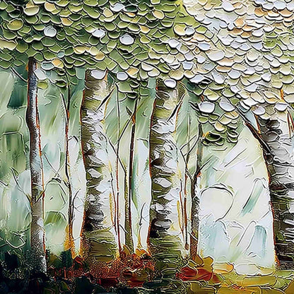 Verdant Sanctuary hand-painted white and soft beige textured forest landscape painting shown with gold frame