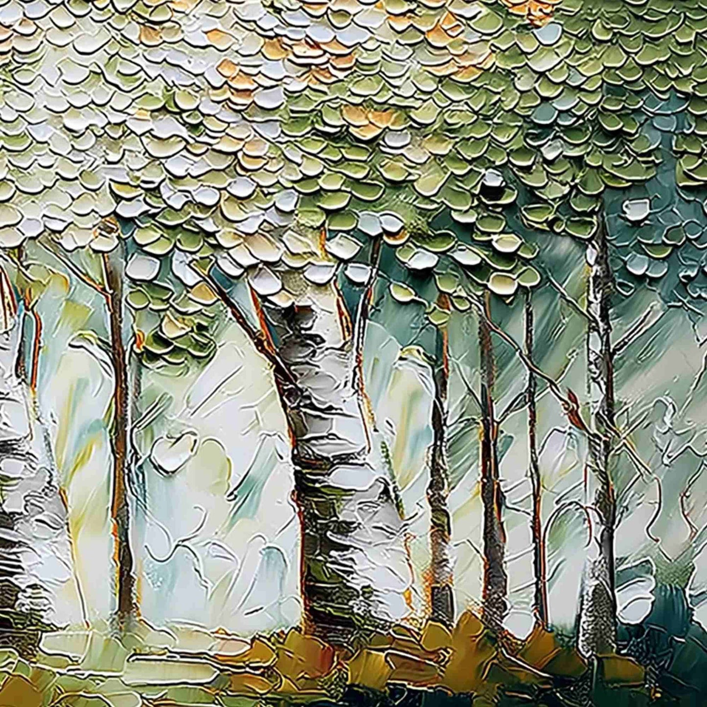 Verdant Sanctuary hand-painted white and soft beige textured forest landscape painting shown with white frame