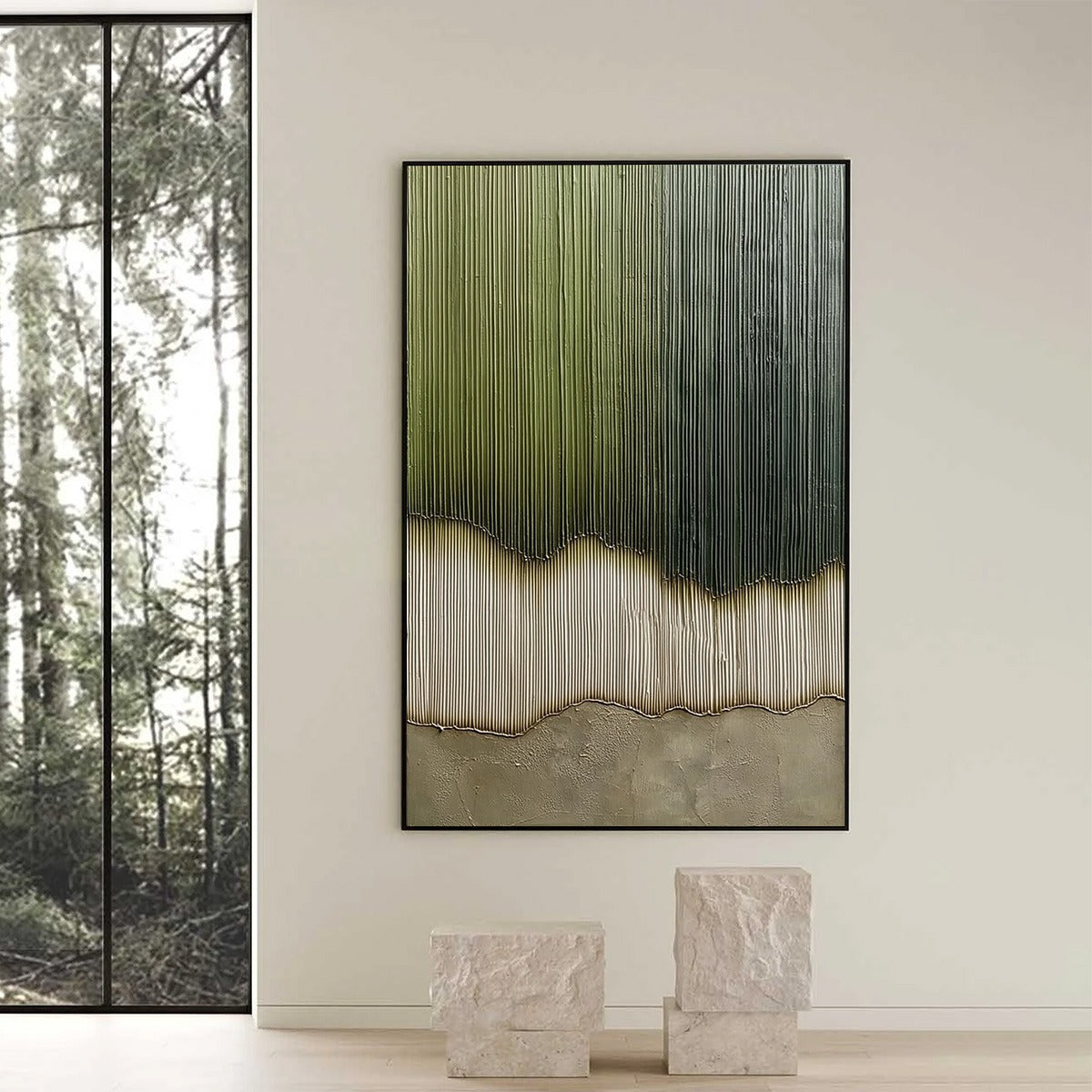 Green Wabi-Sabi Forest Textured Oil Painting – Verdant Strata