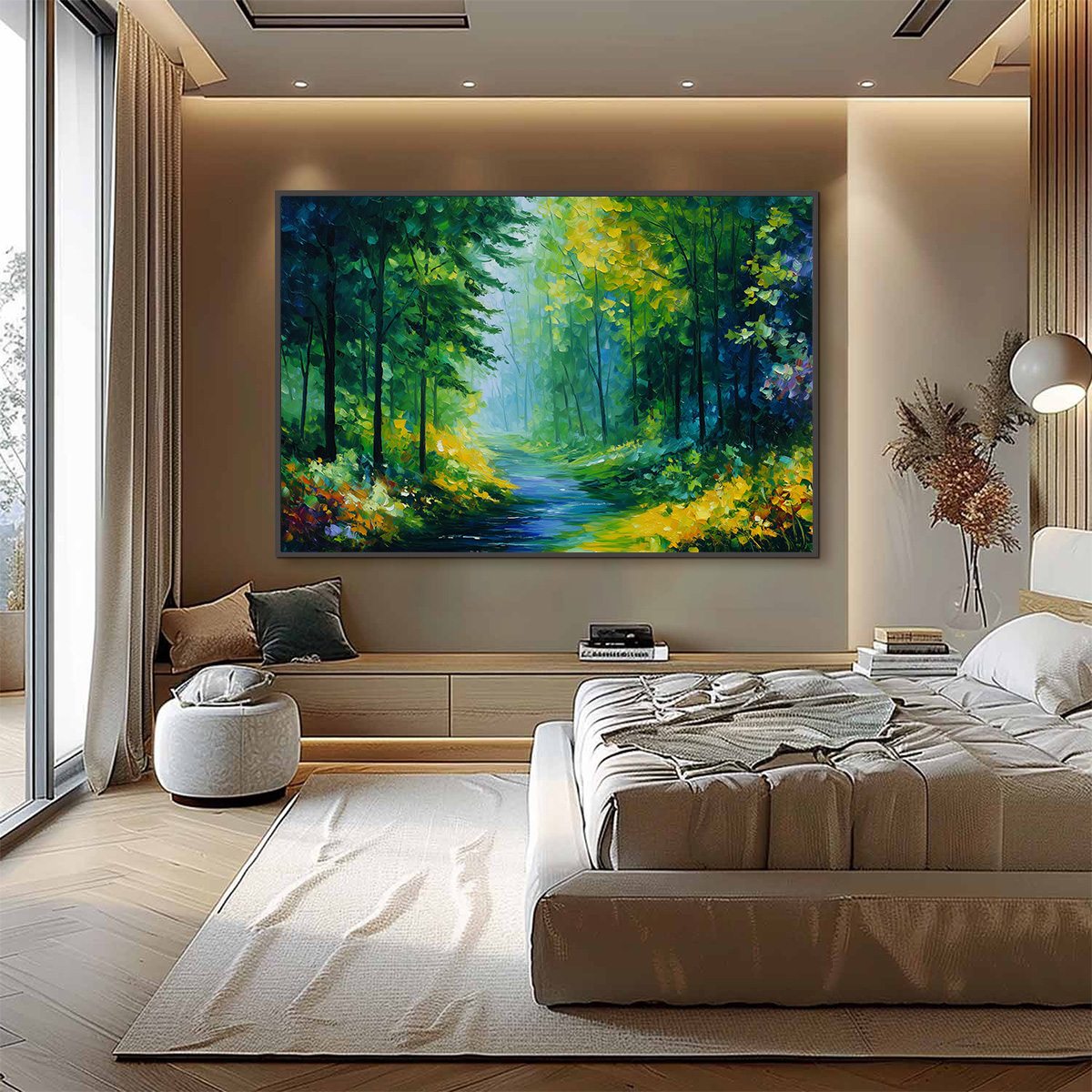Verdant Whisper hand-painted ocean blue, green and yellow textured forest landscape painting shown with silver frame