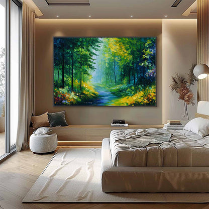 Verdant Whisper hand-painted ocean blue, green and yellow textured forest landscape painting shown with silver frame