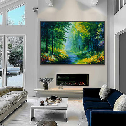 Verdant Whisper hand-painted ocean blue, green and yellow textured forest landscape painting shown with black frame