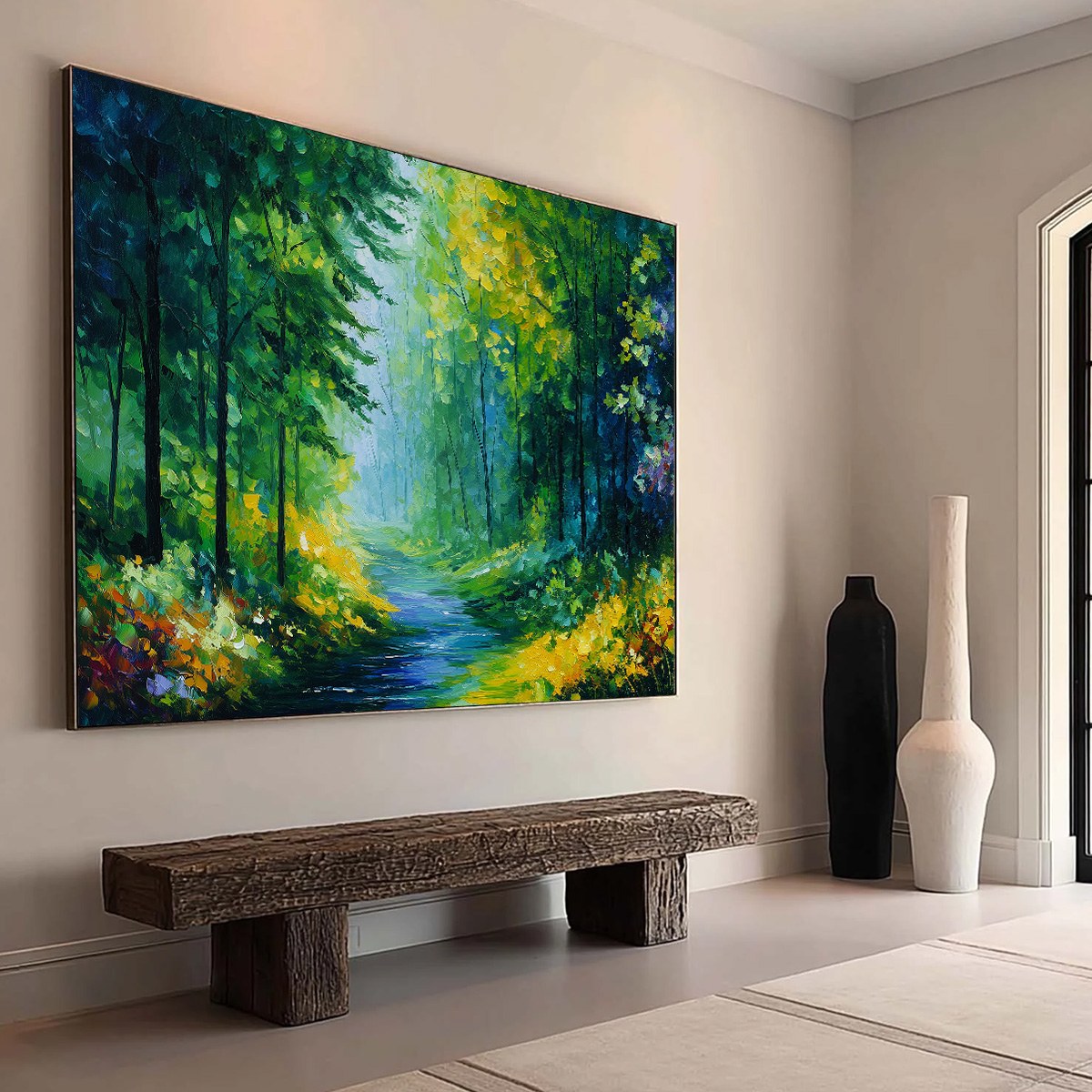 Verdant Whisper hand-painted ocean blue, green and yellow textured forest landscape painting shown with wood frame