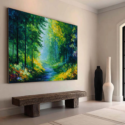 Verdant Whisper hand-painted ocean blue, green and yellow textured forest landscape painting shown with wood frame