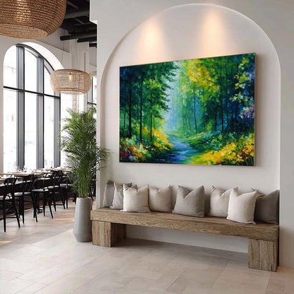 Verdant Whisper hand-painted ocean blue, green and yellow textured forest landscape painting rolled canvas option