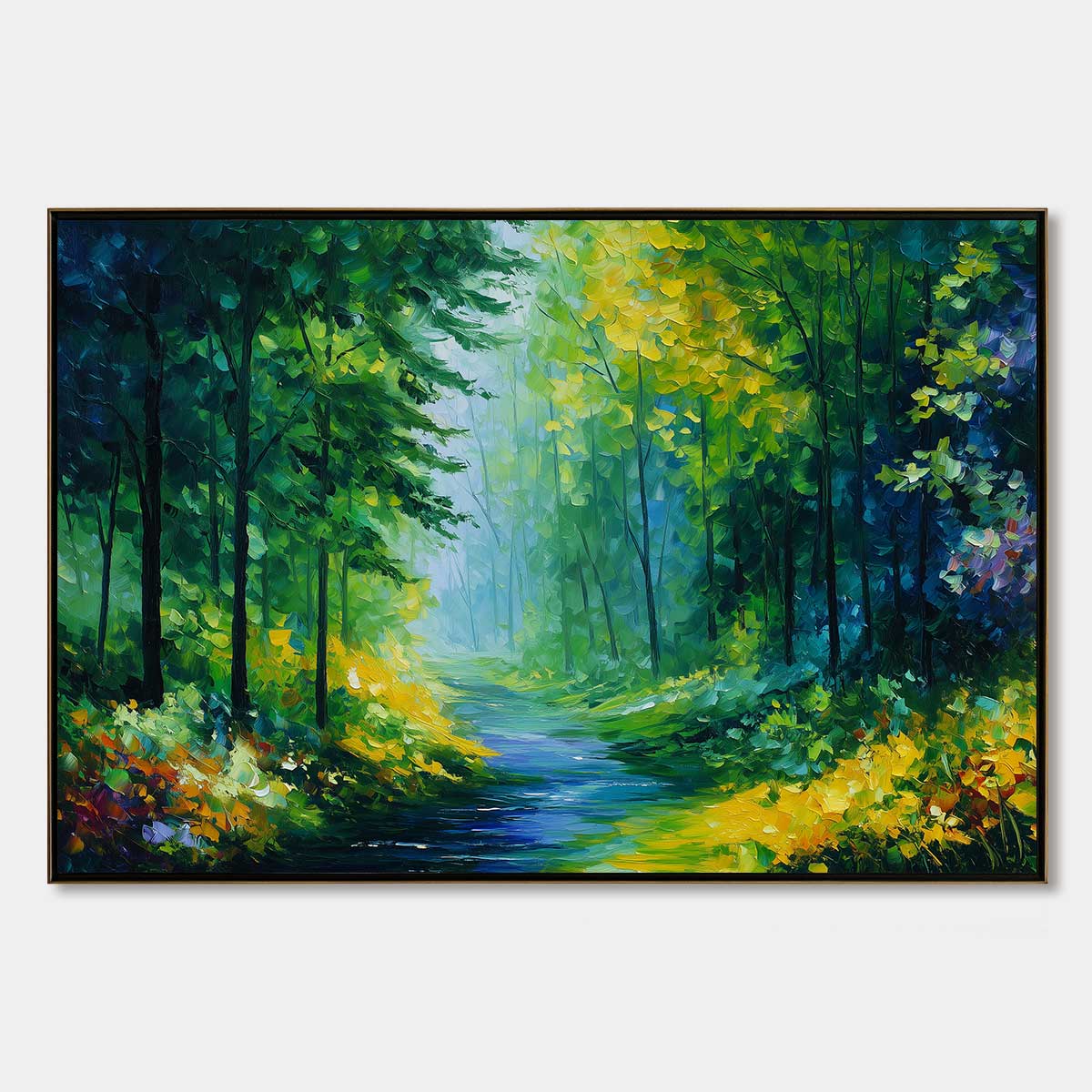 Verdant Whisper hand-painted ocean blue, green and yellow textured forest landscape painting rolled canvas option
