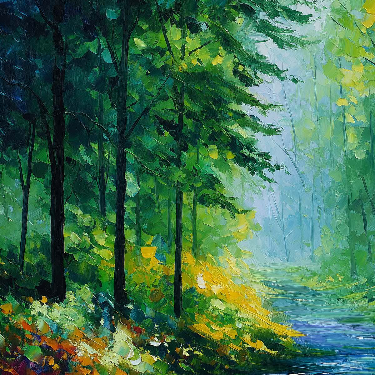 Verdant Whisper hand-painted ocean blue, green and yellow textured forest landscape painting shown with gold frame