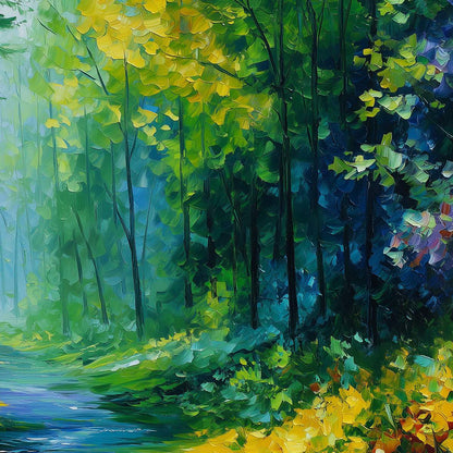 Verdant Whisper hand-painted ocean blue, green and yellow textured forest landscape painting shown with white frame