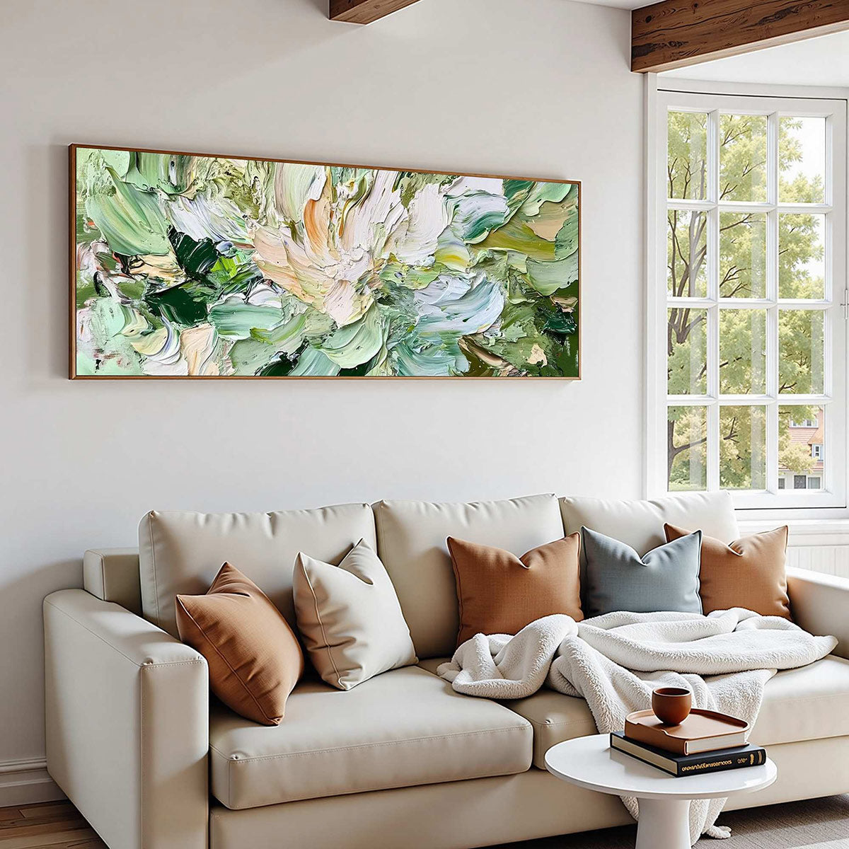 Green and Ivory Abstract Floral Impasto Painting – Verdant Bloom