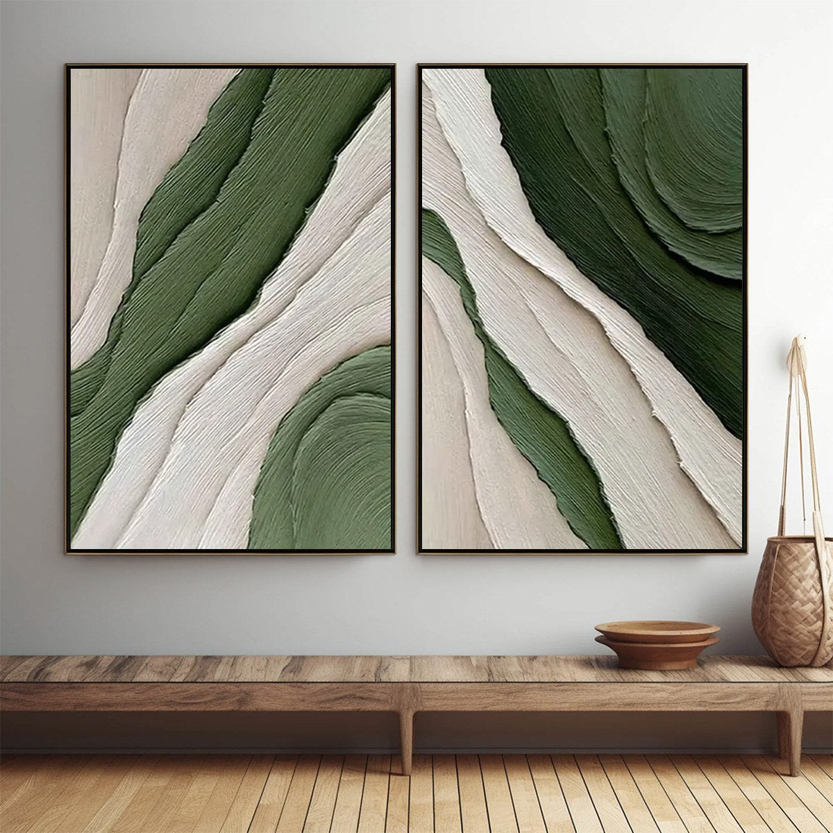 Verdant Flow hand-painted white, sage green and olive green textured coastal abstract painting shown with gold frame