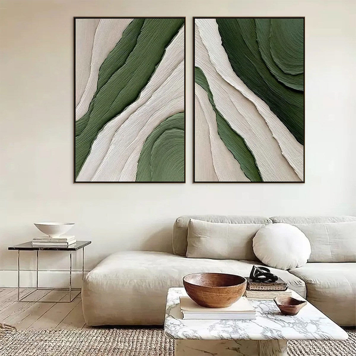 Verdant Flow hand-painted white, sage green and olive green textured coastal abstract painting shown with silver frame