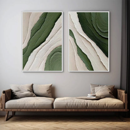 Verdant Flow hand-painted white, sage green and olive green textured coastal abstract painting shown with white frame