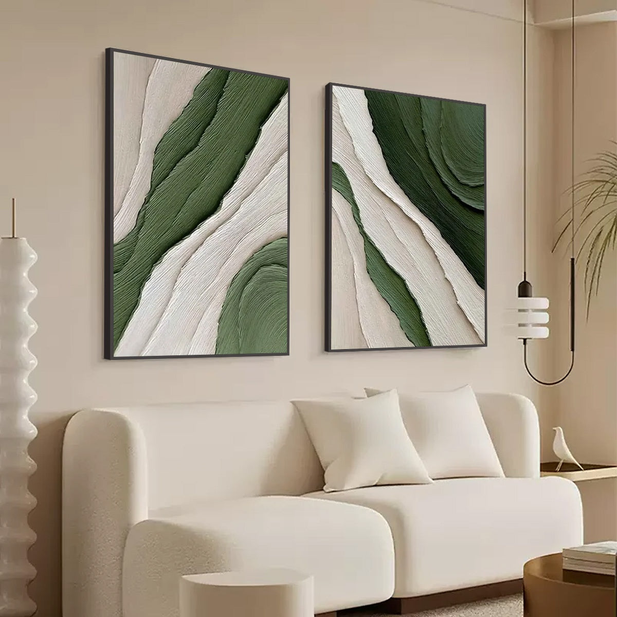 Verdant Flow hand-painted white, sage green and olive green textured coastal abstract painting shown with black frame