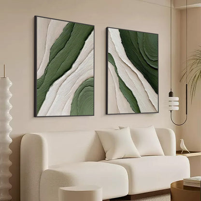 Verdant Flow hand-painted white, sage green and olive green textured coastal abstract painting shown with black frame