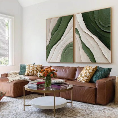 Verdant Flow hand-painted white, sage green and olive green textured coastal abstract painting shown with wood frame